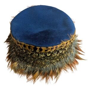 Henry Pollak Peachfelt Blue Wool‎ Pillbox Hat Pheasant Feather Vintage